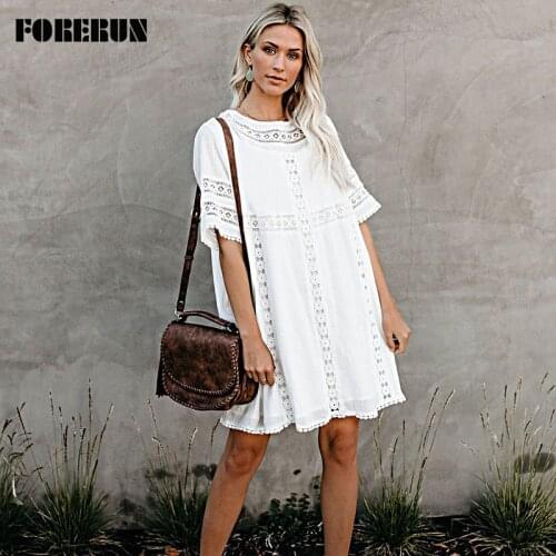 FORERUN Summer White Beach Dress Swim Bikini Crochet Lace Cover Up Women Tunic Mini Dresses Beachwear Pareos De Playa Mujer