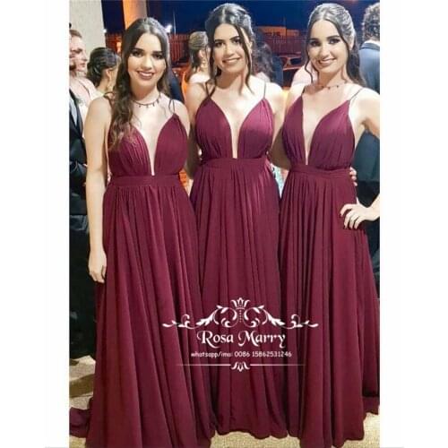 Sexy Burgundy Plus Size Cheap Bridesmaids Dresses 2020 A Line Long Chiffon Country Beach Wedding Guest Gowns Maid Of Honors