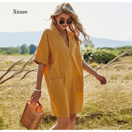 2021 Vintage V-Neck Short Sleeve Dress Women Casual Loose Waist Large Size Mini Summer Dresses Pockets Pink Home Ladies Robe