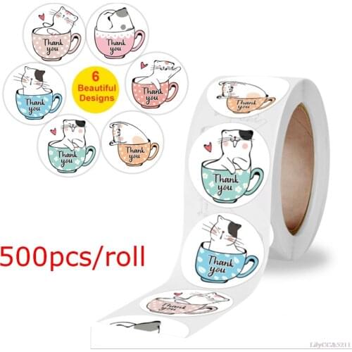 500pcs Cute Cat Thank You Stickers Round Adhesive Sealing Stickers Office Stationery Decorative Labels Gift Favor Kid Toys
