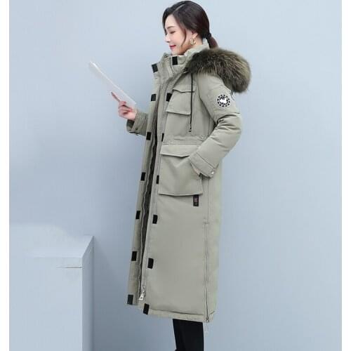 90% White Duck Down Parka Jacket For Women High Grade Big Raccoon Fur Collar Winter Down Jacket Coat Women X-Long Slim Down Coat