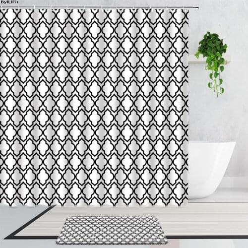 3D Black And White Wave Pattern Geometric Shower Curtains Set Bathroom Fabric Curtains Bathtub Screen Non-Slip Bath Mats Carpet