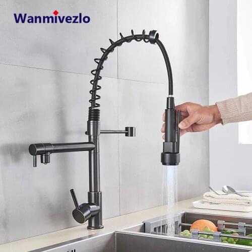 Blacken Spring Kitchen Faucet Pull out Side Sprayer Dual Spout Single Handle Mixer Tap Sink Faucet 360 Rotation Kitchen Faucets