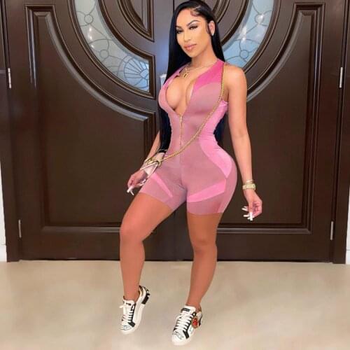 TNNAOFF Patchwork Zip Bodycon Playsuits Tracksuit for Woman 2021 Sexy Sleeveless Elastic One Piece Night Club Overalls Rompers