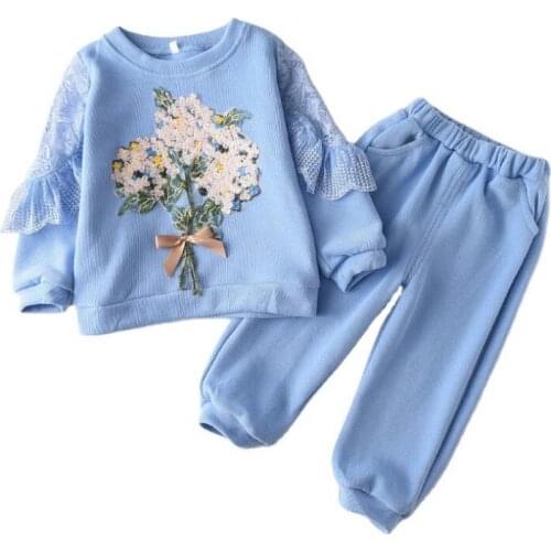 ZWY721 New Children Clothing Set Baby Kids Girl Flower Shape Striped Top + Pants Cotton Toddler Girl Newborn Clothes