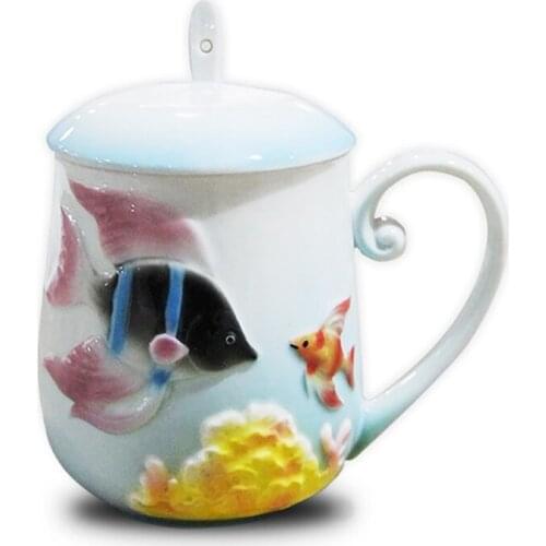 Creative animal lovely fish enamel porcelain cover cup ceramic cup couple cup with cover water cup tea cup breakfast cup