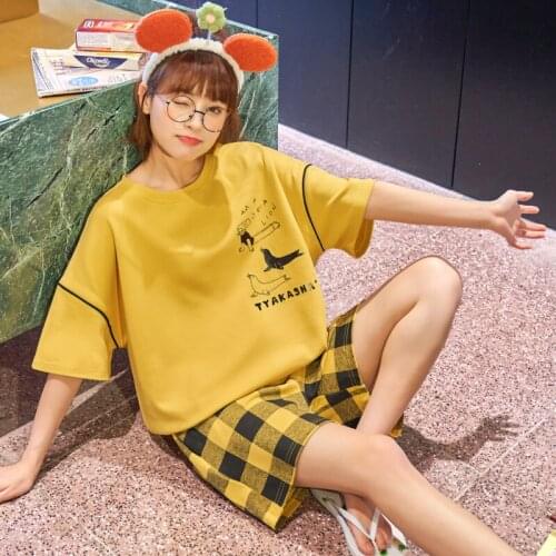 Summer Korean Yellow Cartoon Pajamas Set For Women Cotton Loose O-Neck Homewear Plaid Short Sleeve Cute Girls Sleepwear