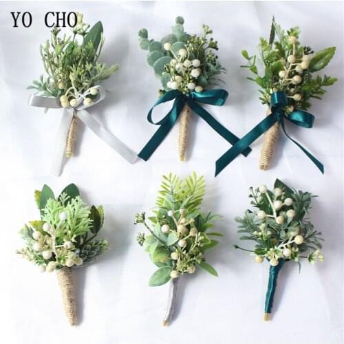 YO CHO White Green Men Boutonniere Bride Wrist Corsage Bridesmaid Bracelet Prom Party Wedding Personal Flower Decor Forest Style