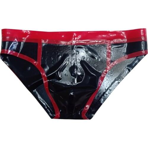 Natural Latex Men Shorts Black And Red Trims Male Rubber Panties Briefs Handmade RLPM076