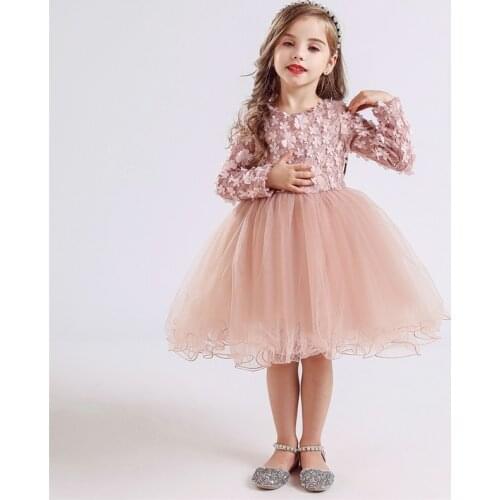Princess Dress For Kids Long Sleeve Flower Applique Birthday Gown Evening Porm Vestidos Causal Dress Children Fall Clothing