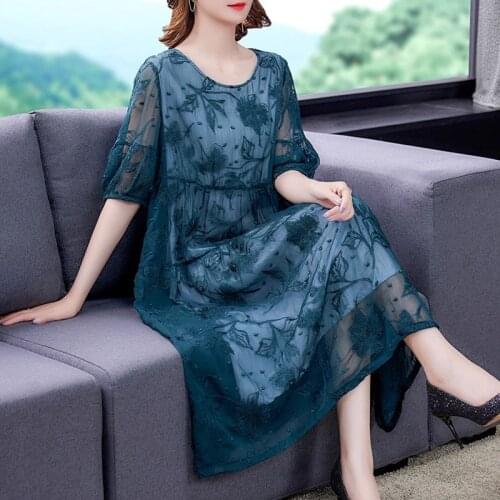 Summer Vintage Women Lantern Sleeve Embroidery High Waisted Blue Dress , Woman Clothes Casual 5xl A Line Dresses