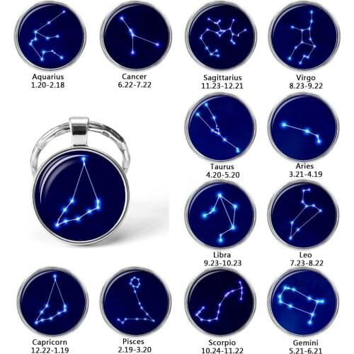 Birthday Christmas Gift Cute Cartoon Pattern 12 Constellations Zodiac Signs Keychains Aries Gemini Round Key Chain Rings Jewelry