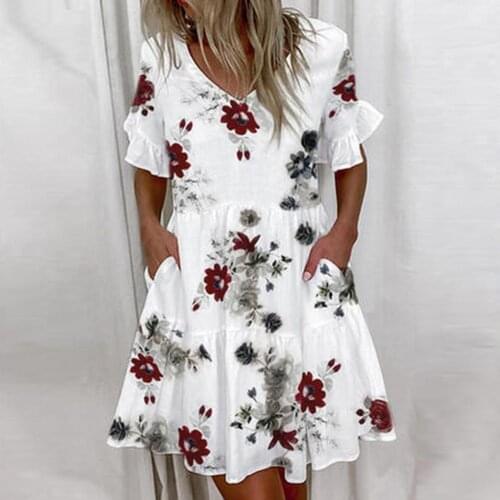 Casual Women Ruffles Loose V-Neck Dress Summer Short Sleeve Floral Print Mini Dress 2021 Fashion Loose Female Beach Dresses