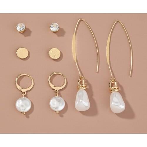 Copper Gold Color Zircon Stud White Simulated Pearl Bead Charms Earrings set Fashion Brand Women Jewelry Earings
