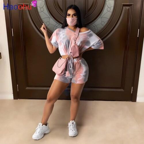 HAOOHU Sport Women With MASK Tie Dye Three Piece Set Elastic Short Tee Tops Shorts Jogger Pants Suit Tracksuit Matching Set