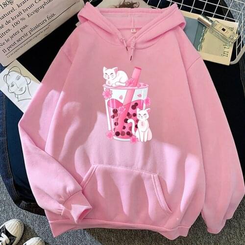 Kawaii Boba Hoodie Casual Hoody Cartoon Unisex Streetwear Sweatshirt Anime Printing Hoodies Winter Clothes Women Pink Tops
