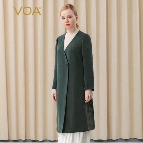 VOA 30M/m Heavy Silk Dark Pine Green V-neck A Button-up Door Long-sleeve Arch Embroidered Pendant Windshield FE109