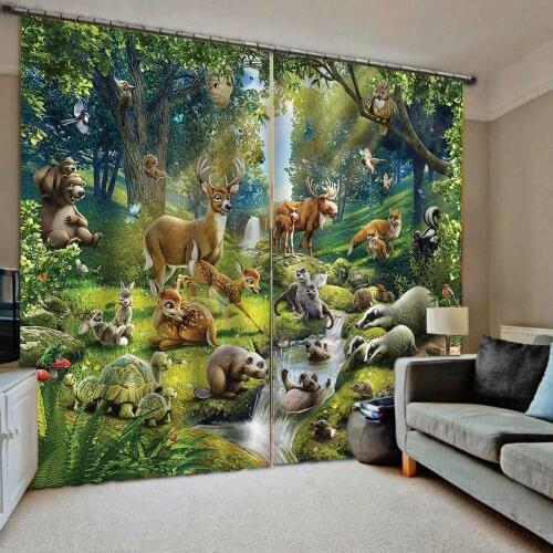 Green animal forest curtains for kids room window curtains for living room bedroom blackout curtains