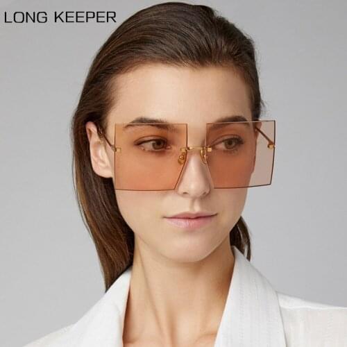 2020 Oversized Rimless Square Sunglasses Women Trendy Fashion Sexy Red Brown Tinted Color Lens UV400 Retro Ladies Sun Glasses