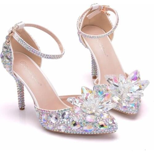 Crystal Queen European Wedding Shoes Female White Drill Rhinestone Sandals Stiletto Pointed Bridal Pumps High Heels