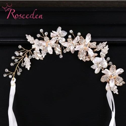 Elegant Gold Color Bridal Wedding Flower Beauty Hair Vine Headpiece Ladies Crystal Fresh water Pearls Headdress RE3168