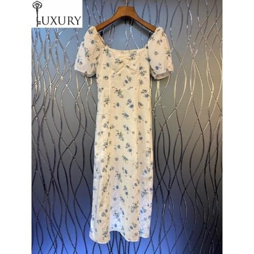Korean Fashion Style New 2020 Summer Ladies Square Collar Vintage Flower Print Elastic Back Mid-Calf White Sexy Dress