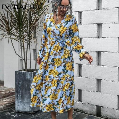 EVERAFTER Elegant flower printed autumn winter dress women v-neck long sleeve sashes ruffles holiday boho maxi dresses fashion