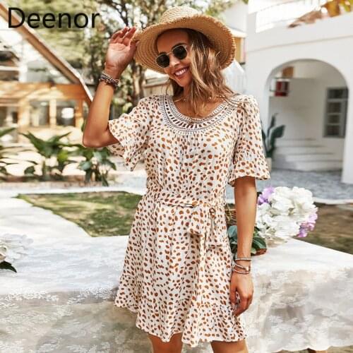 Deenor Womens 2021 Summer New Product Dress Waist Slimming Short Sleeve A-Line Dress with Belt Boho Beach Mini Dresses Vestidos
