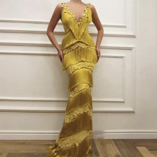 Robe de soiree Yellow Tassel Mermaid Long Special Occasion Evening Gown V Neckline Chic Formal Dress Handmade Flowers Prom Wear