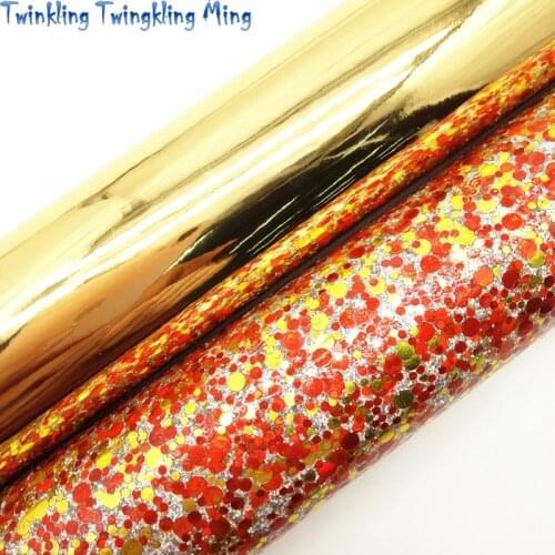 Gold and Red Glitter Fabric, Patent Faux Leather Fabric, Synthetic Leather Sheets For Bow A4 8"x11" Twinkling Ming XM291
