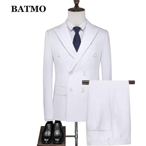 BATMO 2021 new arrival high quality double breasted striped suits men,male white wedding dress,double slit 1966
