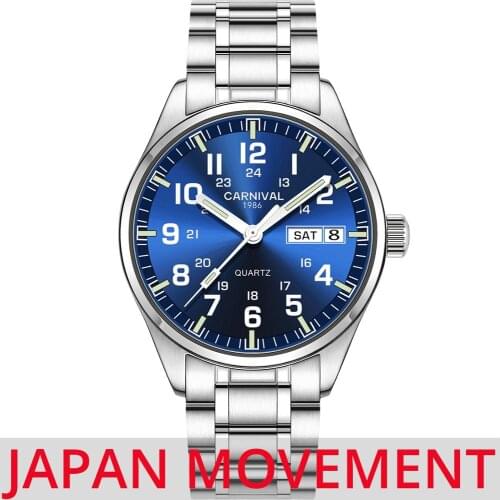 Japan Movement Watches Mens 2020 CARNIVAL New Luminous Watch Men Waterproof Quartz Watches for men Auto date Relojes para hombre