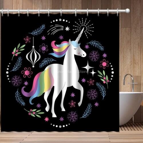 Cartoon Unicorn Black For Girl 3D Print Animal Shower Curtain Bathroom Set With Waterproof Hook Bath Curtains Kids African Funny