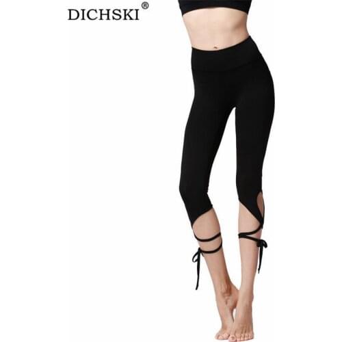 DICHSKI Black Patchwork Hollow Out Bandage Leggings Womens Jeggings Female Elastic Pant Capri Fitness Yoga Stretchy Mid-Calf