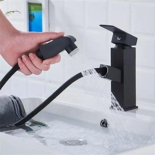 Black Bathroom Taps Copper Single Handle Pull Out Sink Spray Faucet Hot And Cold Water Crane Tap Deck Mount Basin Mixer Restroom