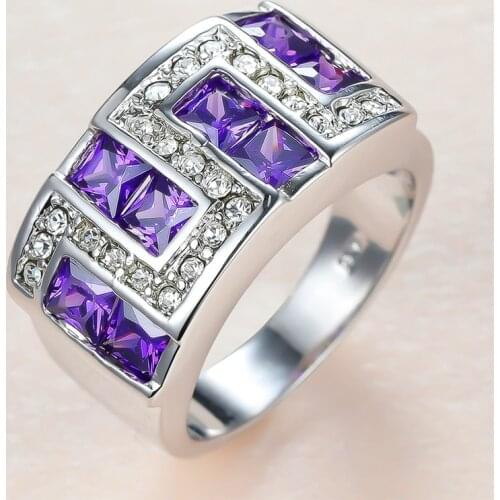 Purple Crystal Zircon Ring Charming Birthstone Rings For Women Wedding Jewelry Vintage Fashion Silver Color Engagement Band Ring
