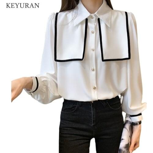 Contrast Color Korean Style Blouse Women Single Breasted Blusas Femme Navy collar Long Sleeve Elegant Shirts Tops Casual Ladies