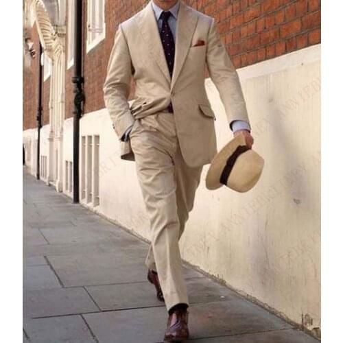 ANNIEBRITNEY Beige Linen Mens Suits with Pants Custom Men Classic Business Suits Set Slim fit Suits for Wedding Groom Tuxedo