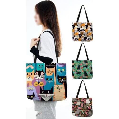 Cute Cartoon Floral Cat Print Women Shopping Bag Linen Fabric Shoulder Bag Eco Storage Handbag Reusable Foldable Grocery Totes