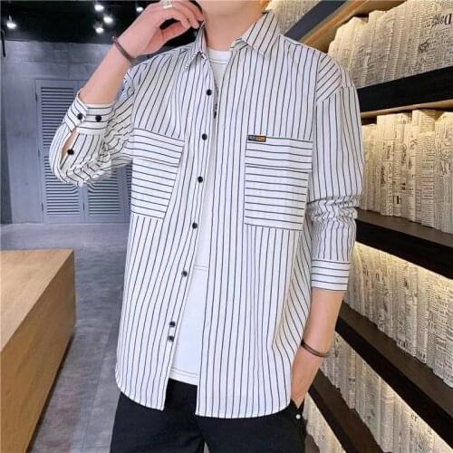 Mens striped shirt jacket 2021 spring and autumn Korean casual long-sleeved fashion jacket Hong Kong style Japanese