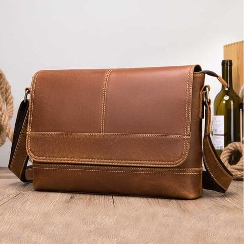 Luufan Mens Vintage Genuine Leather Messenger Bag Thick Cow Leather A4 Shoulder Bag iPad Casual Crossbody Bag Cowhide Flap Bags
