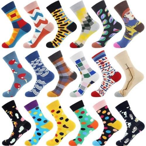 PEONFLY New 2019 Autumn Winter Women Socks Funny Colorful Geometry Printed Happy Socks Casual Skateboard Calcetines Mujer