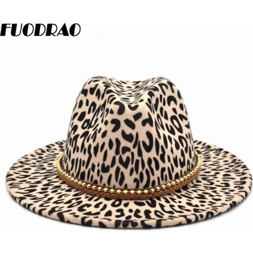 FUODRAO New Fashion Fedora Hat Women Leopard Print Wide Brim Panama Top Jazz Hats Woolen Men Vintage Gentleman Elegant F37