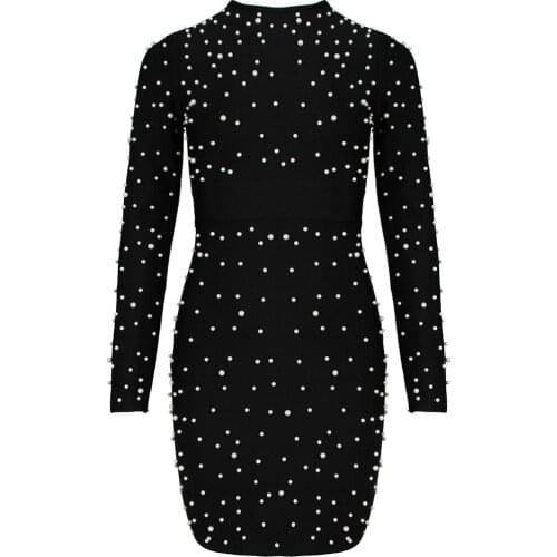 New Women Dress Autumn Winter Long Sleeve Bandage Dress Women Sexy Beading Party Club Mini Celebrity Evening Party Dresses