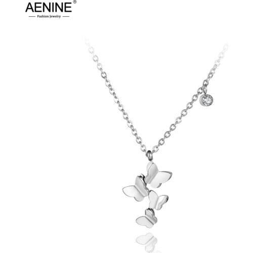 AENINE Titanium Stainless Steel Butterfly Pendant Necklaces Jewelry Cubic Zirconia Chain Chokers Necklace For Women Girl AN19004