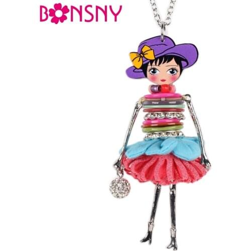 Bonsny Shell Crystal Doll Necklace Dress Handmade French Doll Pendant 2016 News Alloy Girl Women Flower Fashion Jewelry