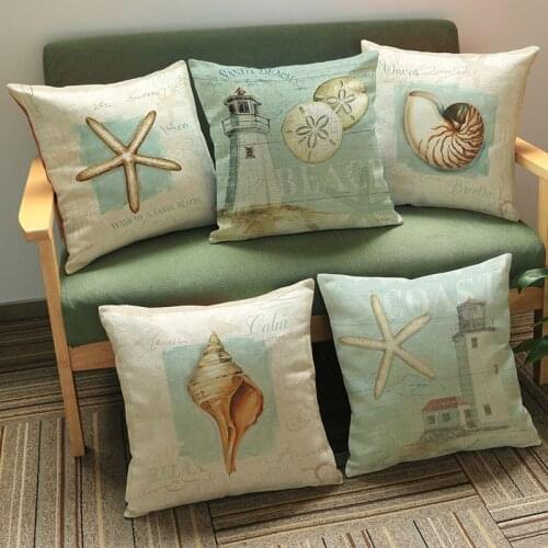 Sandy Beach Coast Lighthouse Conch Starfish Pattern Pillowcase Cushion For Sofa Car Seat Office Decorative