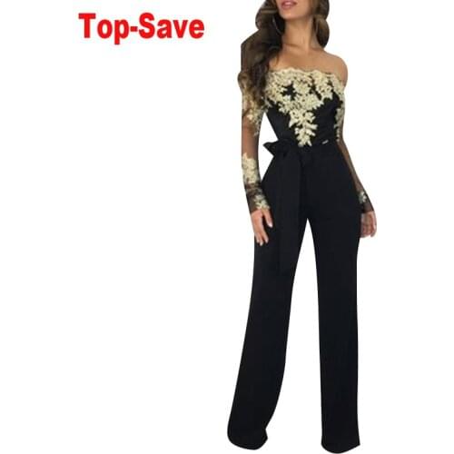 Ribbed Off The Shoulder Sport Wear Casual Wide Leg Jumpsuit Women Embroidery Sexy Playsuit Female Fitness Lace Rompers Overalls