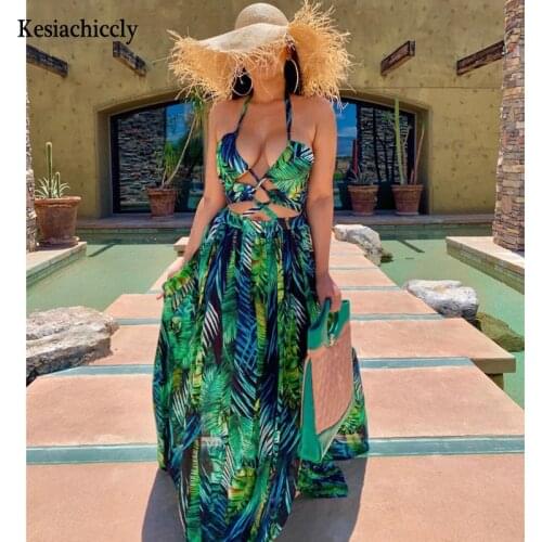 Kesiachiccly Print Sexy Dress Fashion Hollow Out Tie up Side Split Maxi Dresses for Women Party Clothes Casual Street Wear 2021