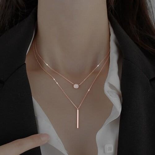 Temperament Minimalist Double Layer Long Stick Pendant Necklaces for Women Micro Pave Zircon Geometric Necklace